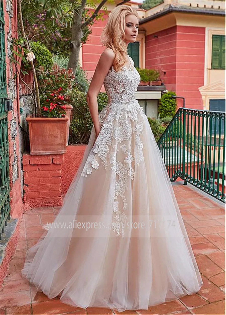 Великолепный Тюль жемчужина декольте A-Line свадебное платье с кружевной аппликацией& 3D цветы Шампанское Свадебные платья