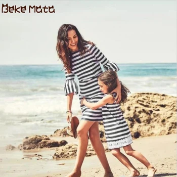 

Mother Daughter Dresses Long Sleeve Mommy And Me Clothes Striped Lace Family Look Mom Daughter Clothes Family Matching Outfits