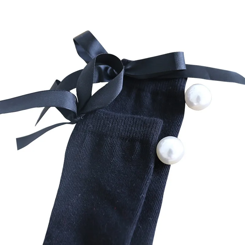 Повседневные теплые зимние носки до колена для маленьких девочек Детские модные однотонные носки принцессы из мягкого хлопка с бантом и жемчужинами, От 0 до 6 лет - Цвет: Black