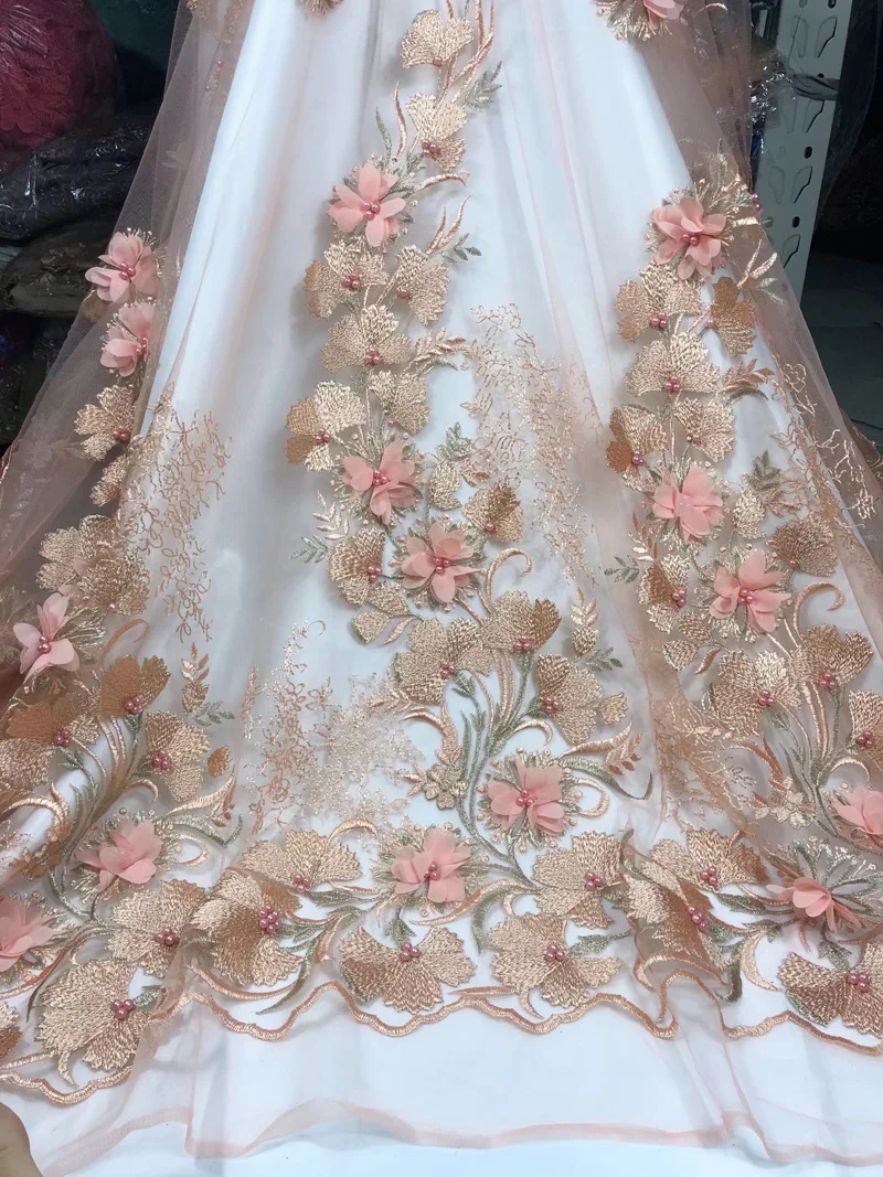 

(5yards/pc) high quality African net lace soft French lace fabric with wonderful embroidery & 3d flowers beads for dress FL3945