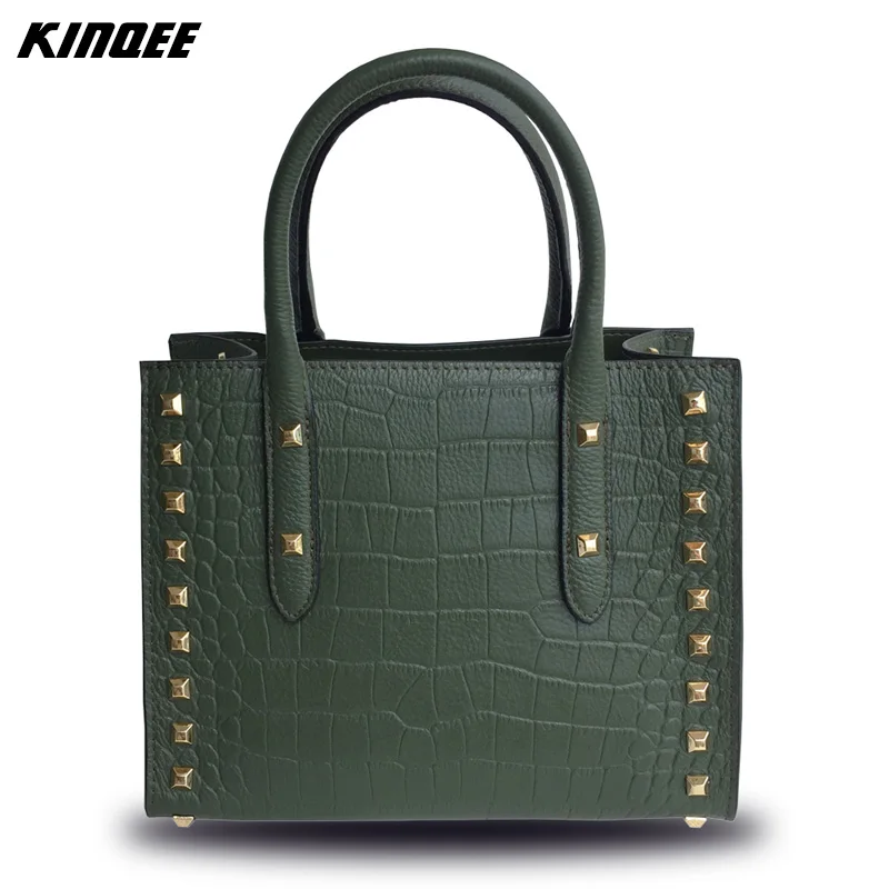 

2017 New Arrival Casual Tote Genuine Leather Handbags Crossbody Bags Alligator Cow Leather Women Rivet 25CM Simple Style