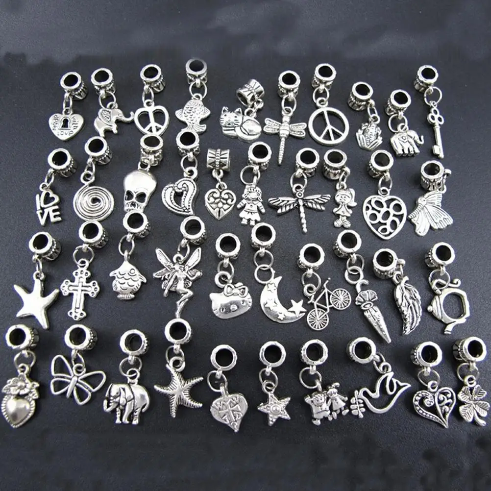 

40pcs Silver Plated Color Beads Pendant Metal Alloy Hot Mixed Assorted Carved Charms Pendants Antique Tibetan DIY Bead Jewelry