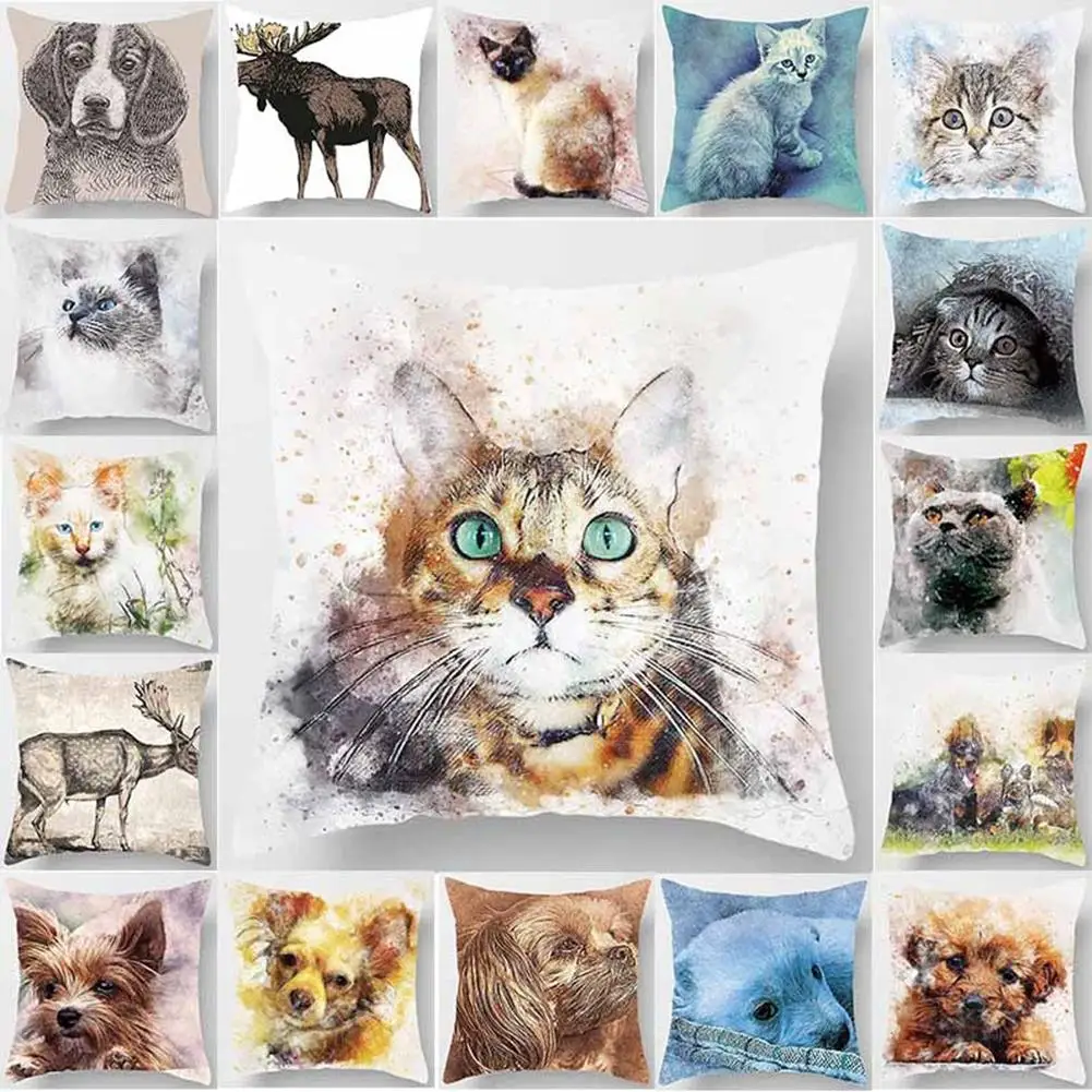 

Watercolor Painted Animal Pattern Cushion Cover British Cat Printing Pillow Case Linen High Quality Home Decorative Throw Covers