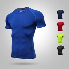 Для мужчин с короткими рукавами спорт, высокая эластичность, пот быстро высыхающая, дышащий Круглый воротник, фитнес Бег Колготки, быстро сохнет. м