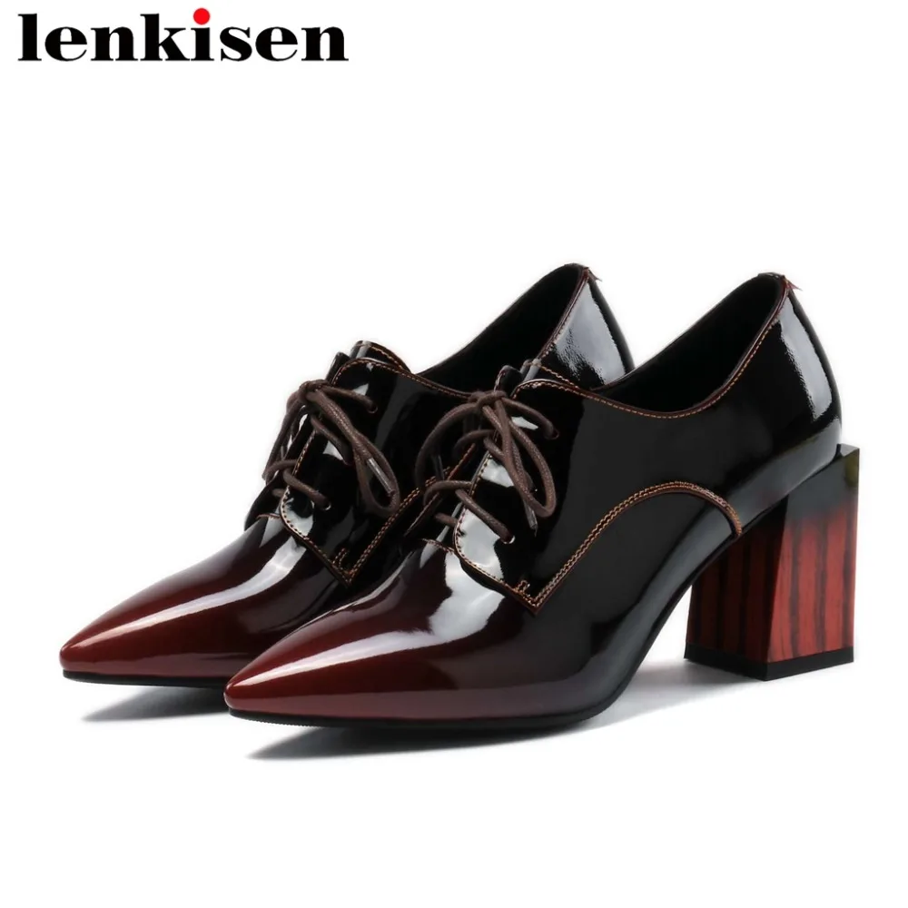 

2019 genuine leather oxford pointed toe block high heels lace up retro large size popular vocation dress clubwear pumps L1f2