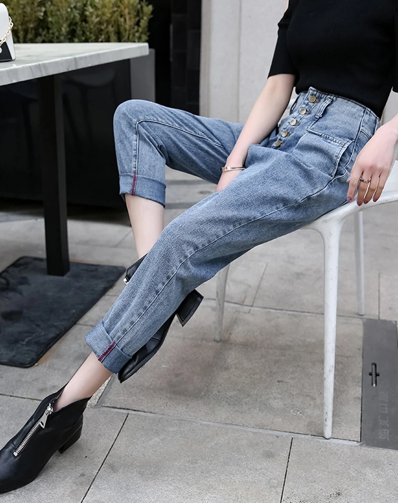 Женские винтажные джинсы размера плюс, джинсовые штаны-шаровары, модные джинсы с высокой талией по щиколотку, повседневные свободные джинсы с карманами и пуговицами