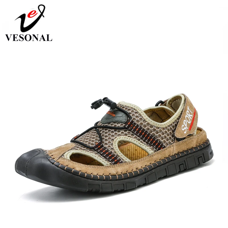 

VESONAL 2019 Summer New Handmade Outdoor Shoes Men Sandals Classic For Male Soft Walking Beach Sandalias Sandal Slides 9037