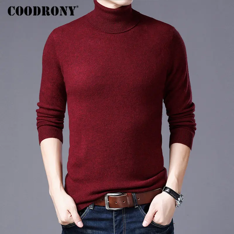 COODRONY, свитер из чистой мериносовой шерсти, мужской зимний толстый теплый свитер с высоким воротом, мужские свитера, кашемировый пуловер, мужской Рождественский пуловер W004 - Цвет: Красный