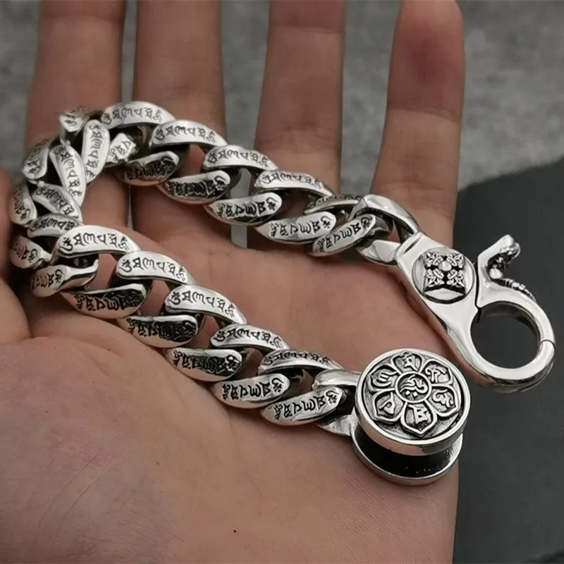 

14mm 100% Pure 925 Sterling Silver Bracelets for Women Men Fine Jewelry Vintage S925 Solid Mantra Thai Silver Chain Bracelet