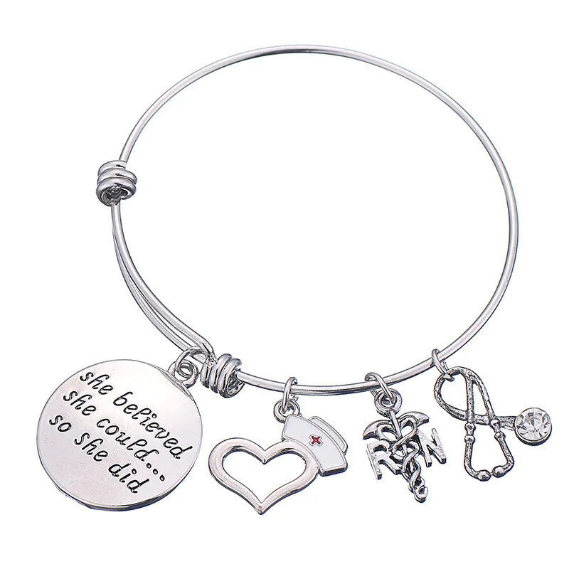 

Stainless Steel Adjust Push Pull Bracelet 'She Believed She Could So She Did' Expandable Bangles For Nurse Women Jewelry
