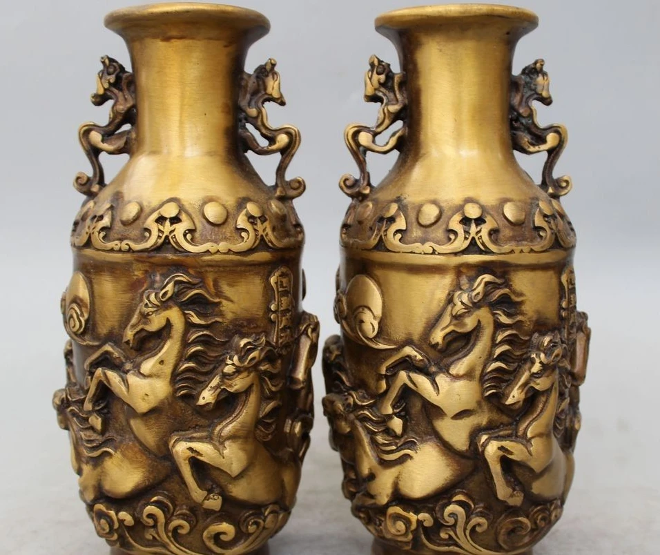 

9" Marked Chinese palace Bronze group Horse handle flower Bottle Vase Pair