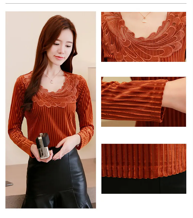 Winter Lace Patchwork Velour Blouse Women Plus Size Tops Ladies Casual Long Sleeve Femme Shirt Autumn Terciopelo Blusas Mujer (2)