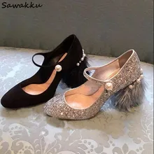 Стильный с бахромой и перьями, туфли-лодочки на каблуке украшенный жемчугом туфли-лодочки mary jane Bling серебристыми блестками Обувь для торжеств на высоком каблуке Женская обувь