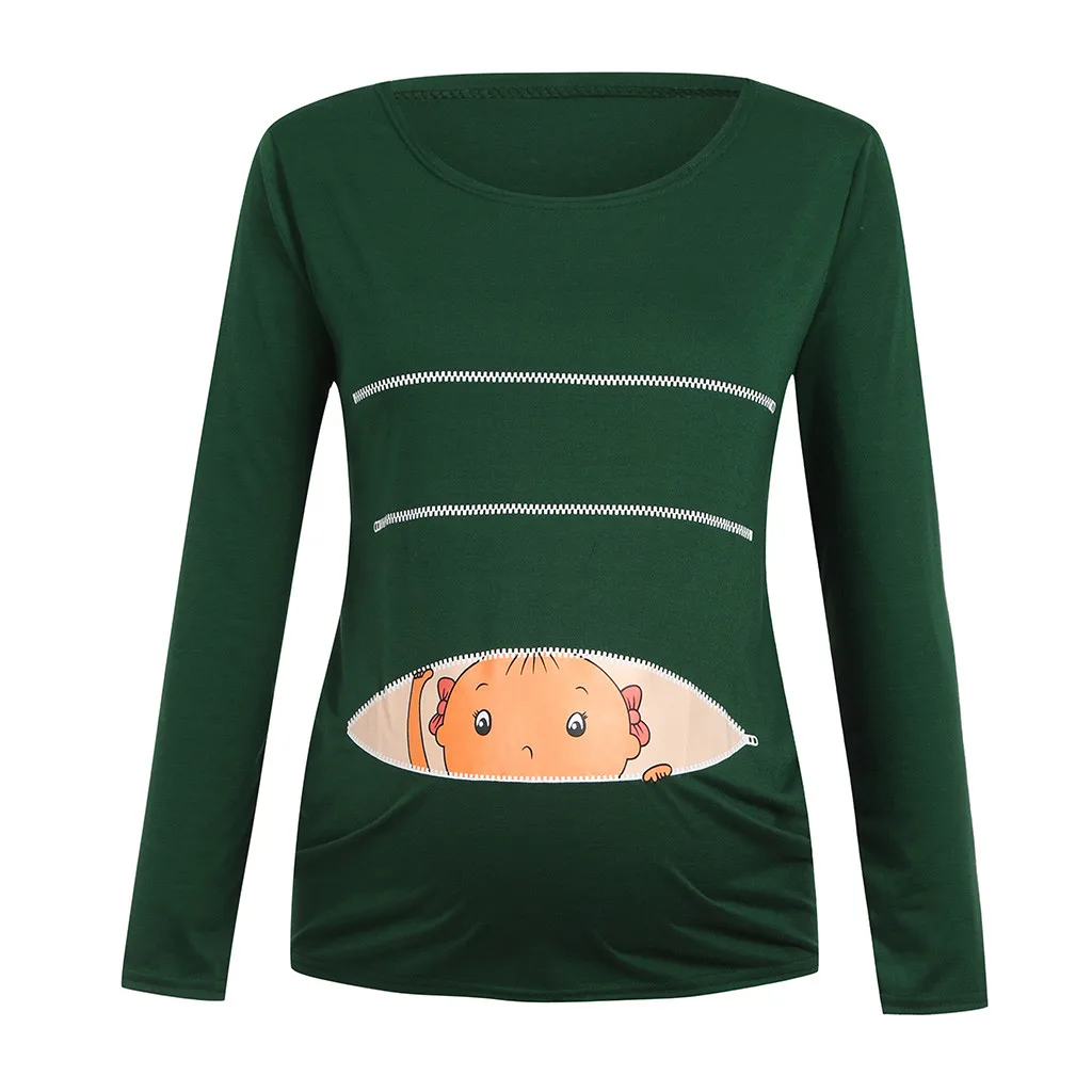 Женская блузка для беременных, топы с длинными рукавами, повседневные топы для беременных, одежда для кормящих детей с рисунком из мультфильма для беременных женщин, C40 - Цвет: GN