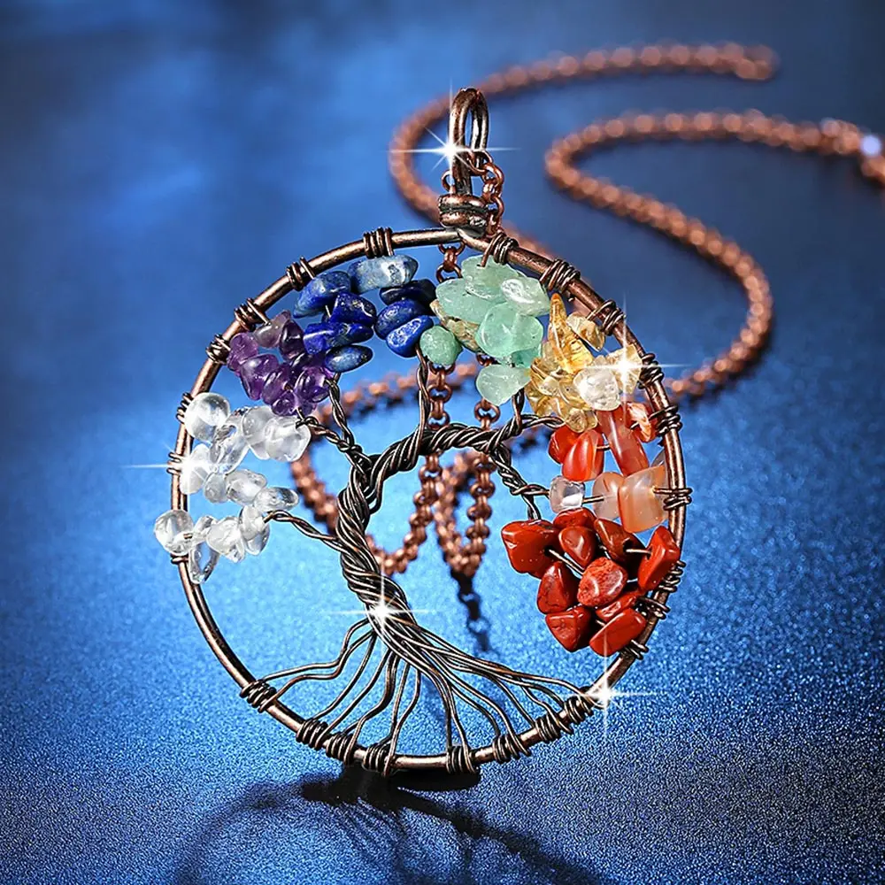 

Classic Chakra Tree Of Life Pendant Round Necklaces Copper Crystal Natural Stone Necklace Quartz Stones Pendants Women Gift