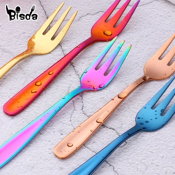 

1Pc Fruit Fork 18/10 stainless Steel Small Forks For Dessert Rainbow Small Tea Fork Gold Mini Forks for Cake Colorful Dinnerware