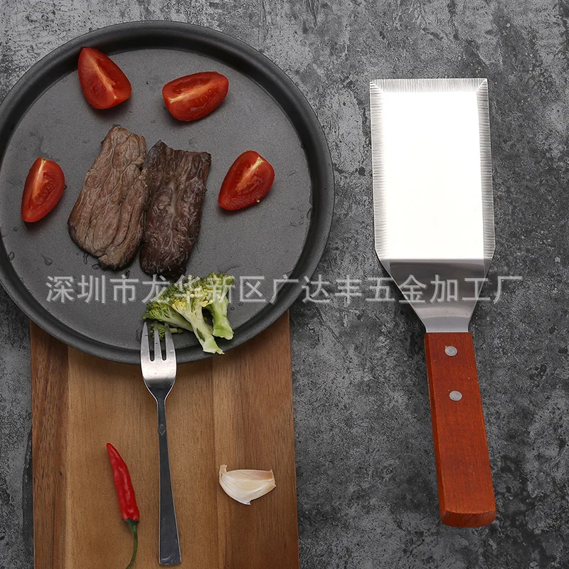 HMROVOOM Stainless steel kitchen cooking shovel wooden handle, iron plate roast steak steak shovel kitchen household