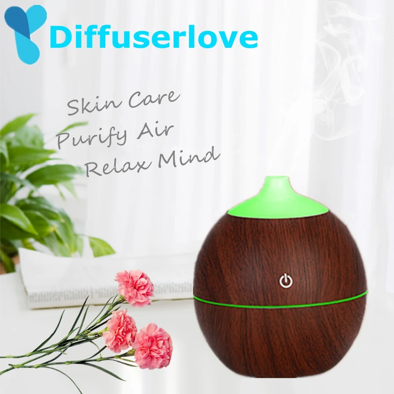 

Diffuserlove 130ml USB Wood Grain Air Humidifier Essential Oil Mist Maker Household with 7 Color Change LED Light Aroma Diffuser