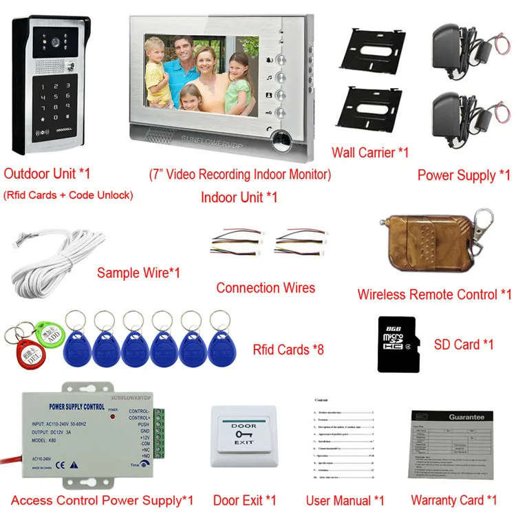 8 Гб SD запись видеодомофон 7 "цветной монитор Клавиатура RFID дверной звонок панель дверной звонок + пульт дистанционного управления