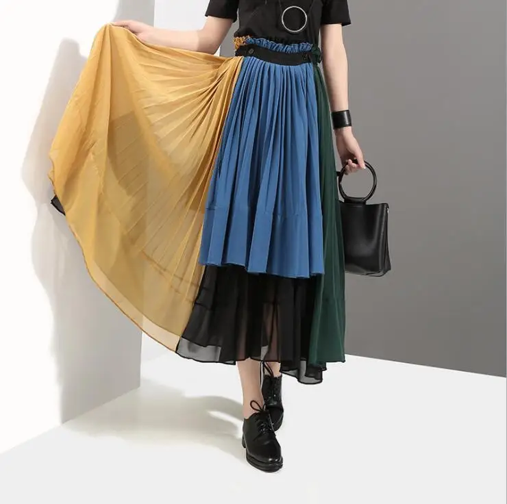 Новинка года; Летняя женская юбка в стиле ампир; длина по щиколотку; для девочек; Многоцветный лоскутный стиль; плиссированная шифоновая повседневная одежда; свободные юбки