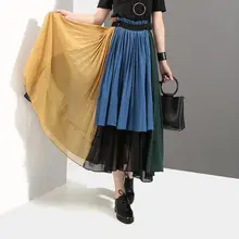 Новинка года; Летняя женская юбка в стиле ампир; длина по щиколотку; для девочек; Многоцветный лоскутный стиль; плиссированная шифоновая повседневная одежда; свободные юбки