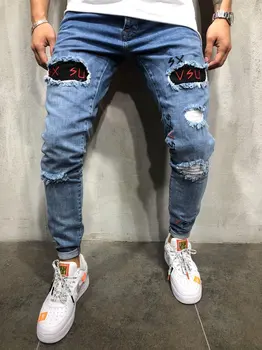 

Skinny Biker Jeans Men Hole Patched Slim Cargo Joggers trousers for Men Motorcycle Hip hop Streetwear Swag Denim Pants