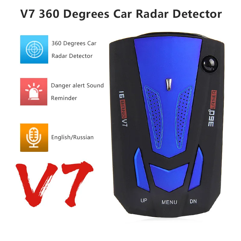 

Universal V7 Car Radar Detector 360 Degrees 16 Band Voice Alert Warning English Russian Speedometer Electronic Dog LED Display