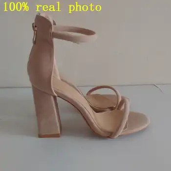 REAVECAT peep toe Block square high heels Sandals Faux suede Zipper Ankle strap cover heel Dress Black Orange tacones mujer