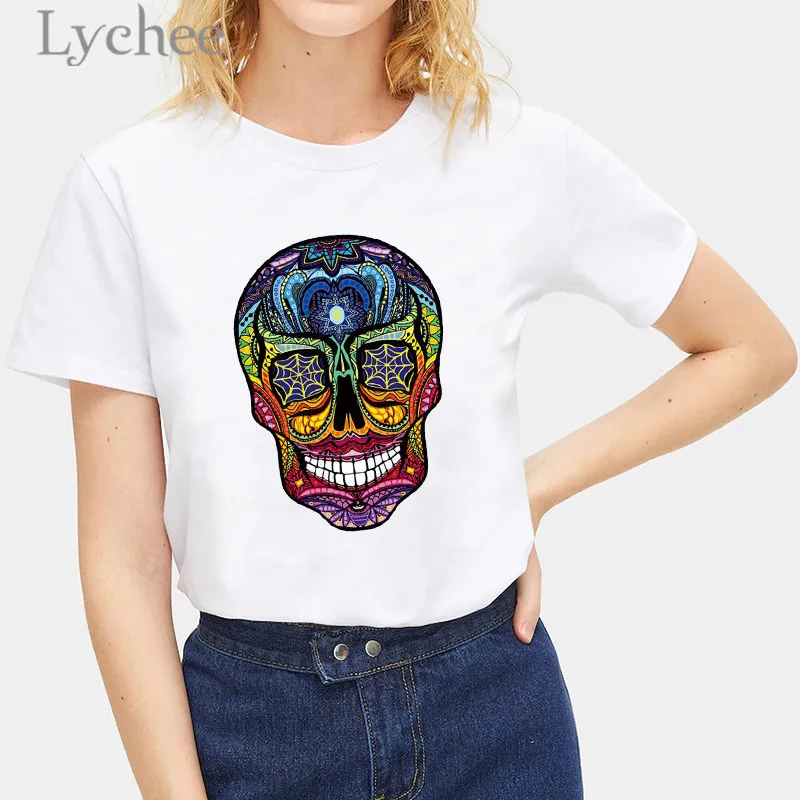

Lychee Harajuku Skull Print Female T-shirts T Shirt Crew Neck Summer Spring Loose Hit Color Short Sleeve Women T-shirt Top Tees