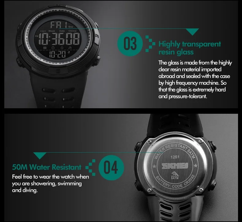 SKMEI Watch Sports Waterproof 5Bar LED Digital Wristwatch NEW