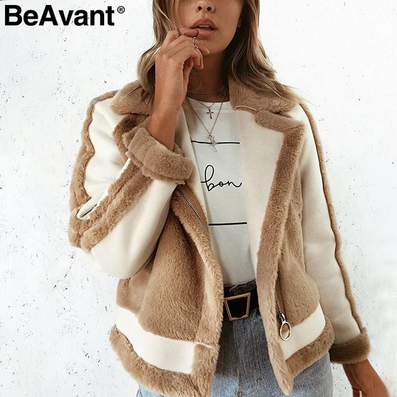 BeAvant Warm khaki fur winter woman coat 2018 Zipper pocket faux fur jacket coat women casual patchwork suede outerwear autumn