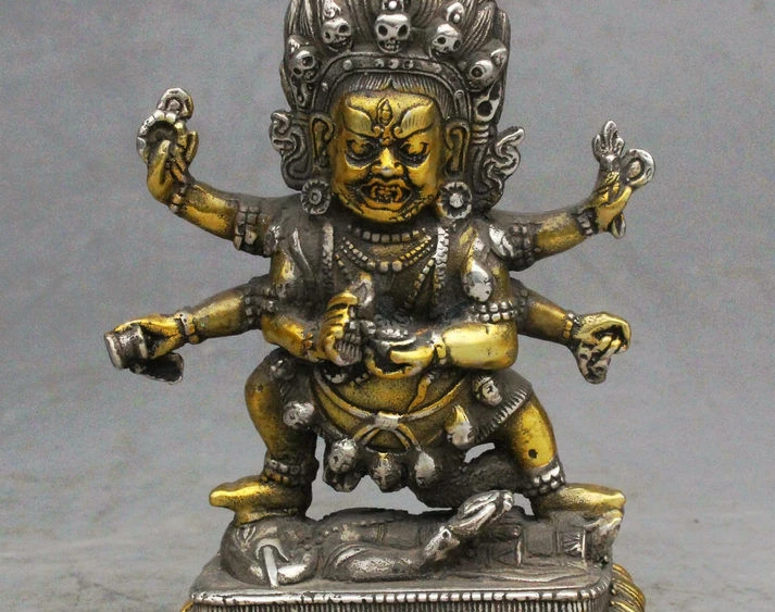 

Old Tibetan Buddhism Silver Gilt 6 Arms Mahakala Wrathful Deity Statue Sculpture