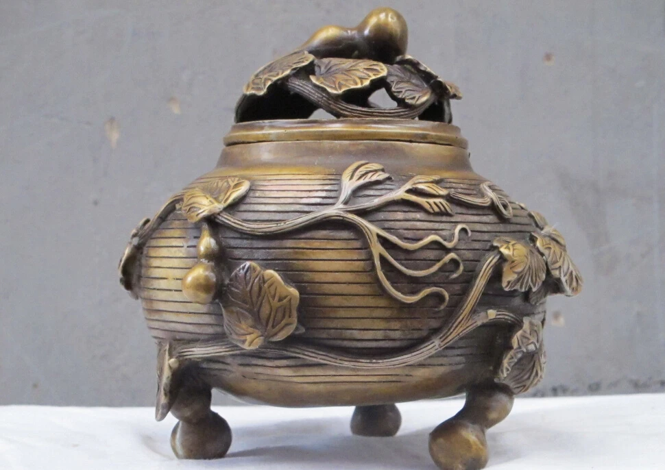 

7.2"China Feng shui Bronze gilt calabash cucurbit Gourd vines statue censer