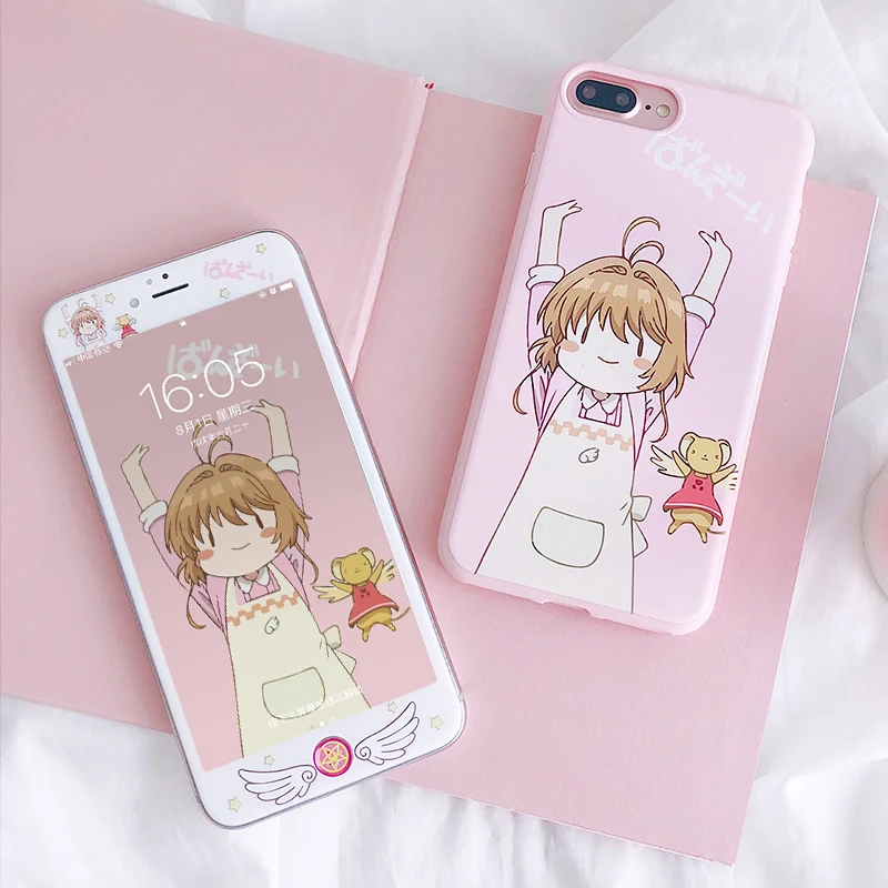 

For iPhone 8 /7 plus case & tempered glass film stickers for iPhone X 7 8plus/6 6s plus phone sailor moon girl case Sakura rope