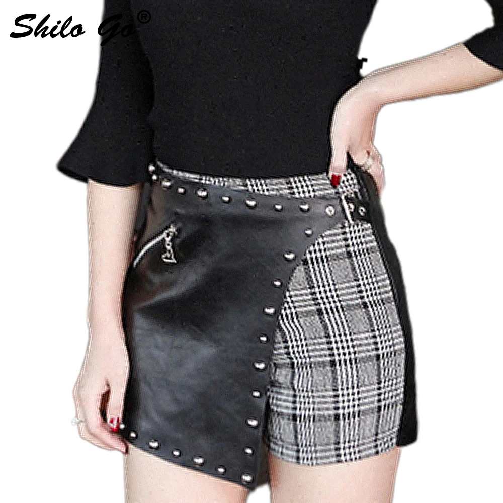 

Leather Shorts Womens Spring Fashion sheepskin genuine leather Shorts high waist sexy rivets asymmetrical shorts skirts