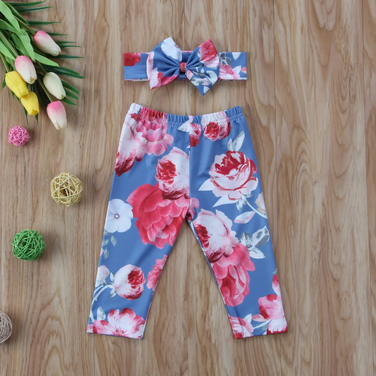 Одежда с цветочным принтом для Новорожденные девочки; леггинсы; брюки для малышей+ повязка на голову; детская одежда для девочек