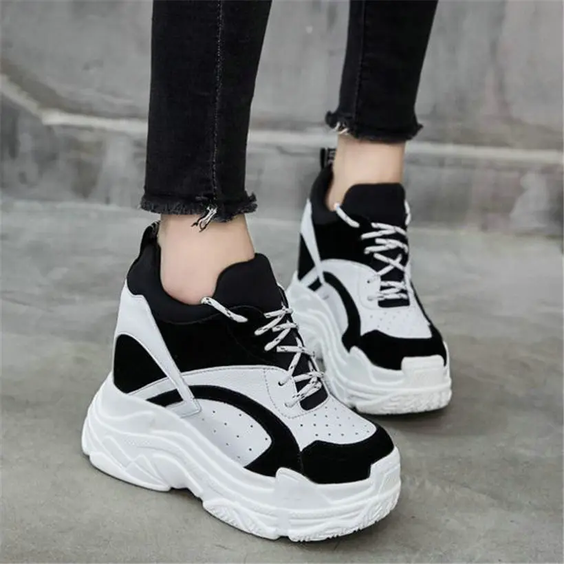 

NAYIDUYUN New Women Breathable PU Leather Wedges Platform High Heels Party Pumps Casual Shoes Lace Up Punk Fashion Sneakers