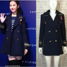 Женское двубортное темно-синее шерстяное пальто в стиле милитари с значком, женское базовое пальто, зимняя английская зимняя куртка