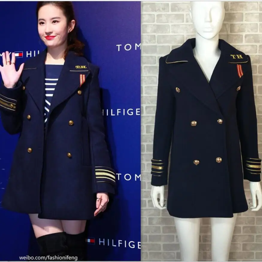 

Women Double breasted navy blue military style woolen overcoat badge women basic coats winter England Winter Jacket
