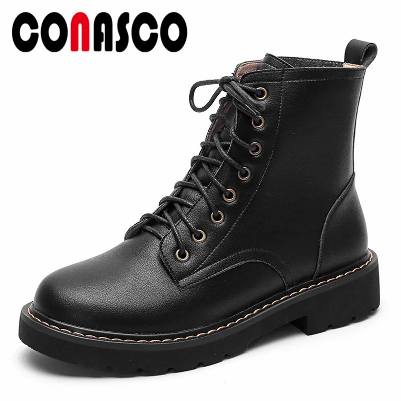 

CONASCO Fashion Women Ankle Boots Autumn Winter Warm Genuine Leather Martin Boots Cross-tied Round Toe High Heels Shoes Woman