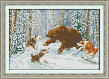 

Wolves and bear Printing pattern Cross Stitch Kits Printed Canvas DMC Counted Cross-stitch set Embroidery Needlework Home Decor