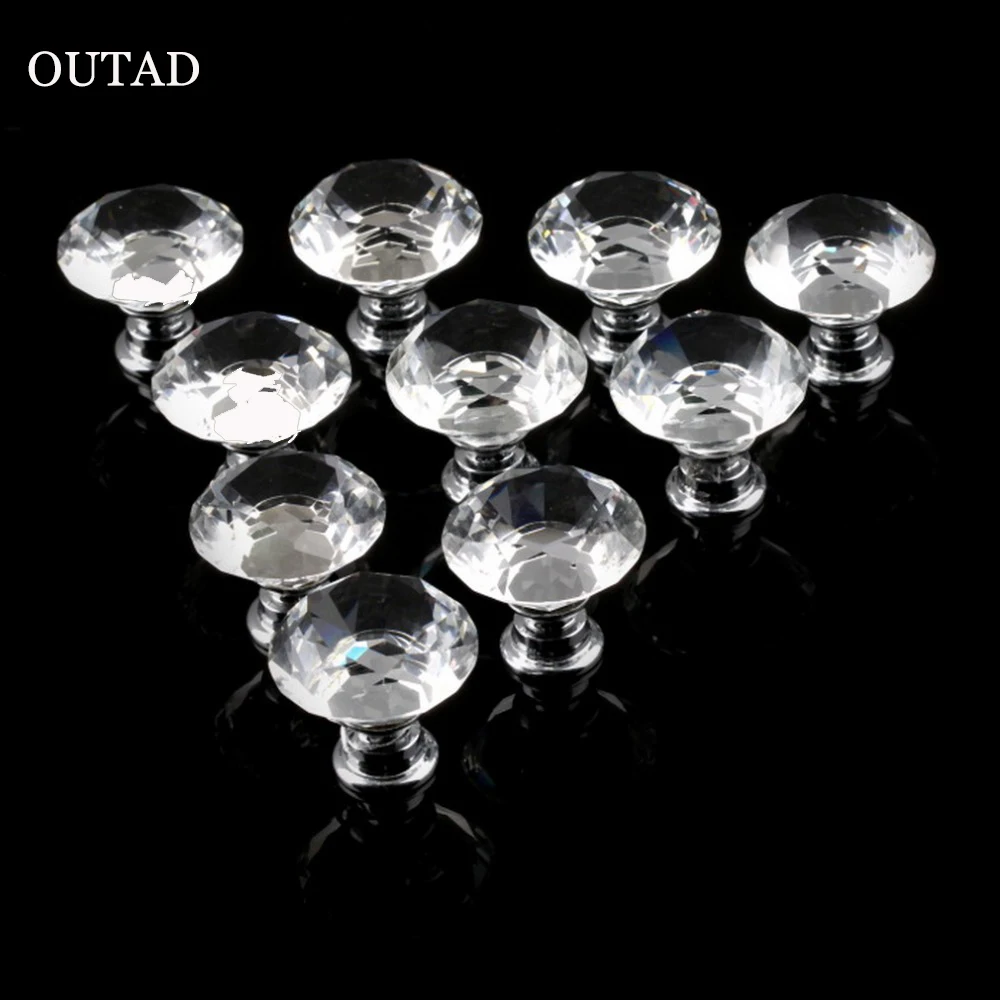 

OUTAD 10Pcs 30mm Diamond Shape Crystal Glass Handle Door Knobs Kitchen Wardrobe Hardware Handles Accessories Dropshiping
