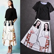 2017 European American Style 2 Piece Set Women Black Short Sleeve Blouse+Loose Casual Skirt Twins Set Plus Size 2 Pieces Set