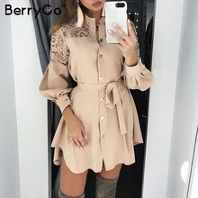BerryGo, кружевные женские платья-рубашки, чистая сетка, вышивка, длинный рукав, на пуговицах, офисные женские платья, одноцветные пояса, Летнее мини-платье