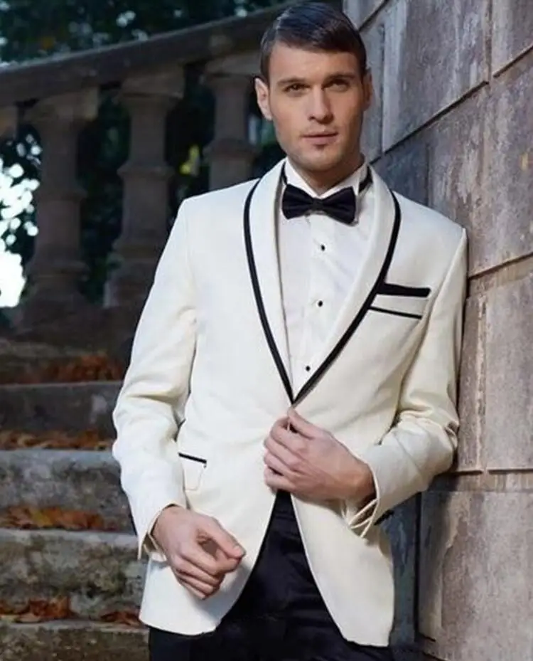 697 Slim Fit One Button Ivory Groom Tuxedos Groomsmen Men's Wedding Prom Suits Blazer With Black Pants  (Jacket+Pants+Bow Tie)