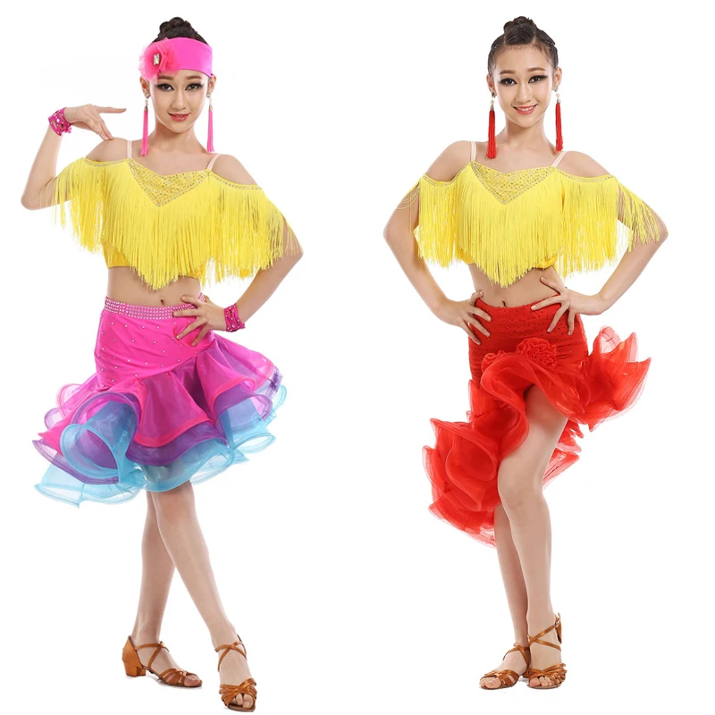 Ребенок Профессиональный Костюмы для латиноамериканских танцев платье для танцев Детские сверкающими конкурс показать костюм девушка кисточкой Salsa бахрома Танцы Танго/Румба наряды