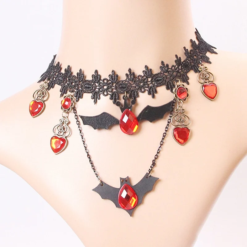 

European And American Lace Necklace Black Bat Red Crystal heart-shaped Diamond Retro Jewelry Halloween Foreign Trade Jewelry