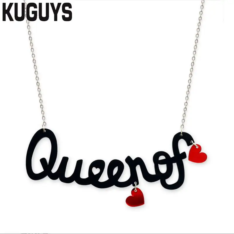 

KUGUYS Fashion Jewelry Colors Acrylic Letter Heart Chains Necklace for Women QUEEN Statement Pendant Necklace DS DJ Accessories