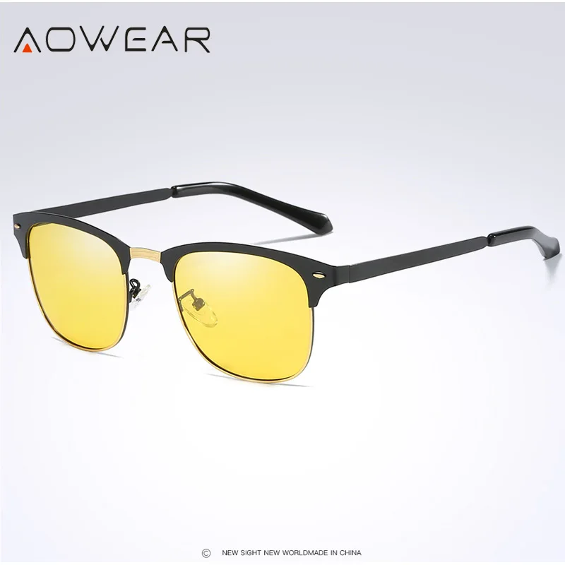 AOWEAR, Ретро стиль, с заклепками, желтые солнцезащитные очки, мужские, поляризационные, очки для ночного видения, унисекс, Круглые, солнцезащитные очки, полуоправа, Ретро стиль, Oculos Gafas
