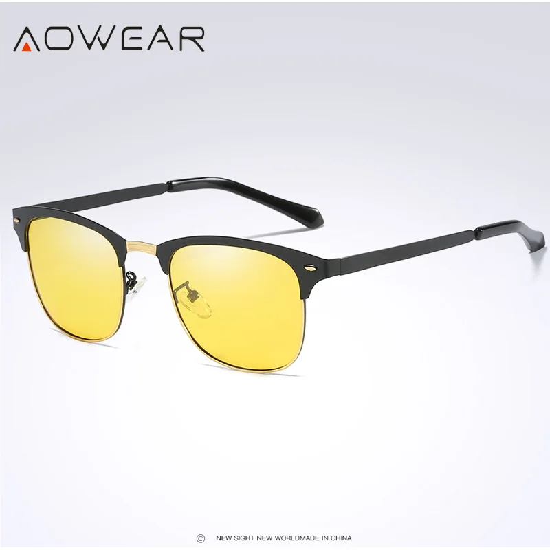 

AOWEAR Retro Rivet Yellow Sunglasses Men Polarized Night Vision Glasses Unisex Round Sun Glasses Half Frame Vintage Oculos Gafas